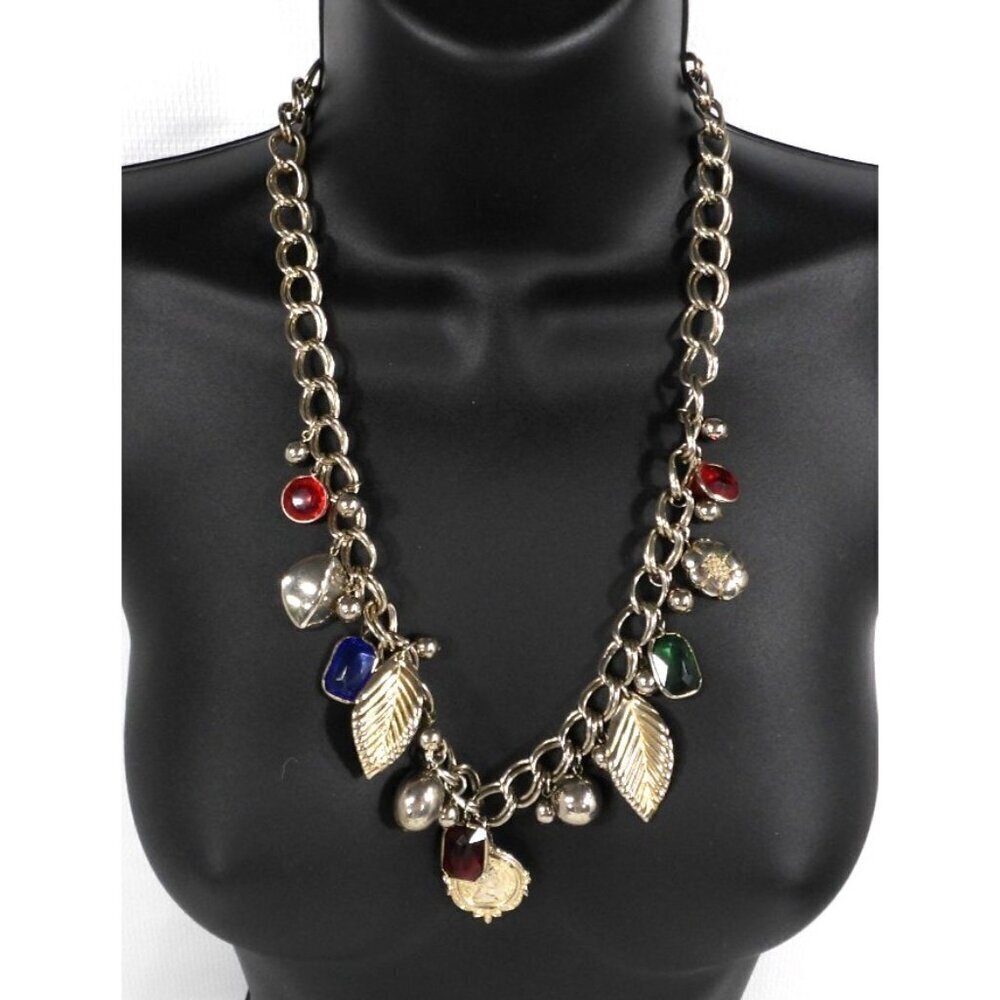 Vintage charm necklace gold tone with blue, red & green larger beads, leaves 22"